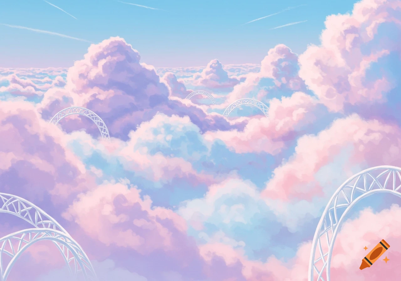 A dreamcore sky filled with soft pink, blue, and purple clouds, with abstract white arching structures appearing through them.