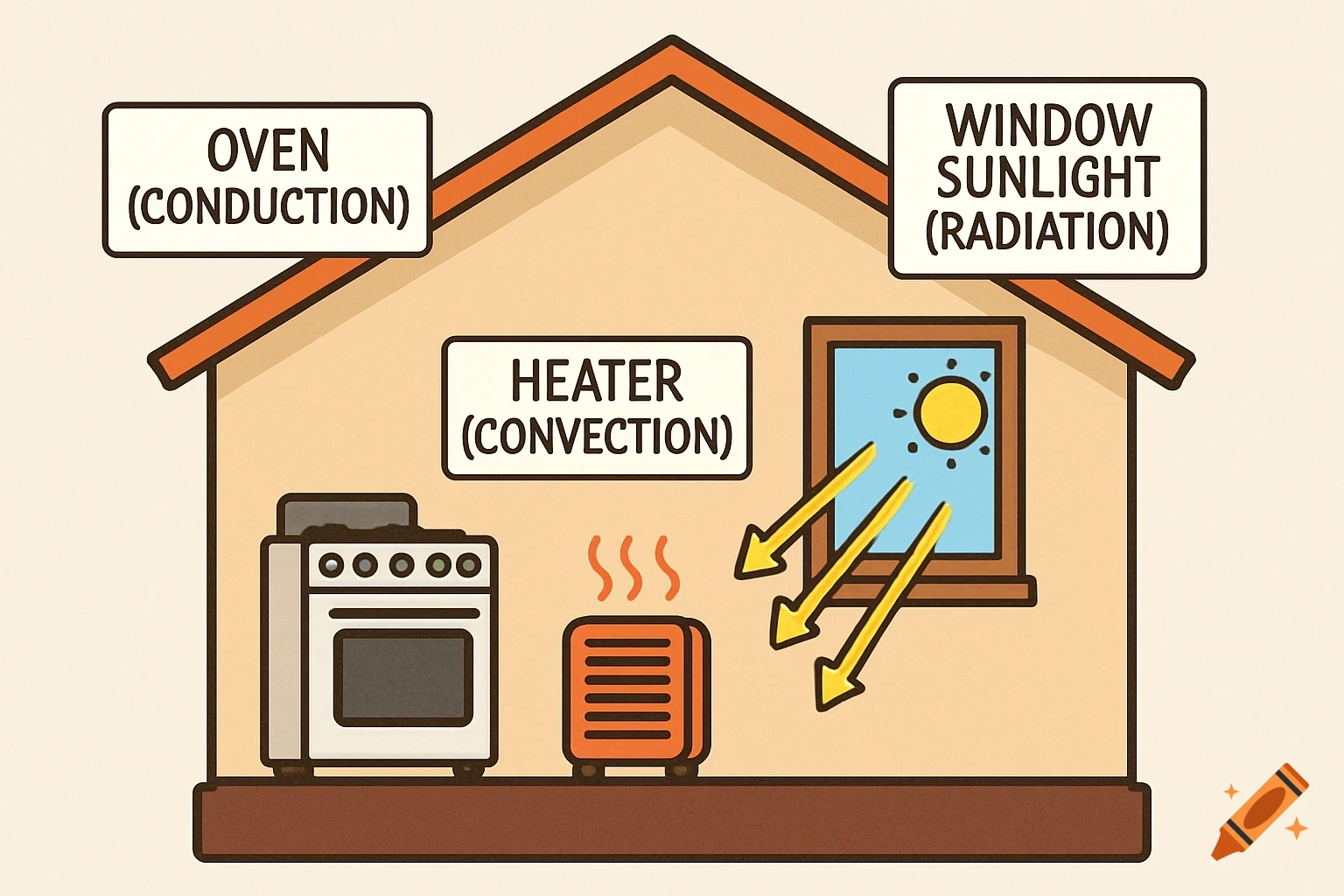 An illustration of a house showing heat transfer: oven (conduction), heater (convection), and window sunlight (radiation).