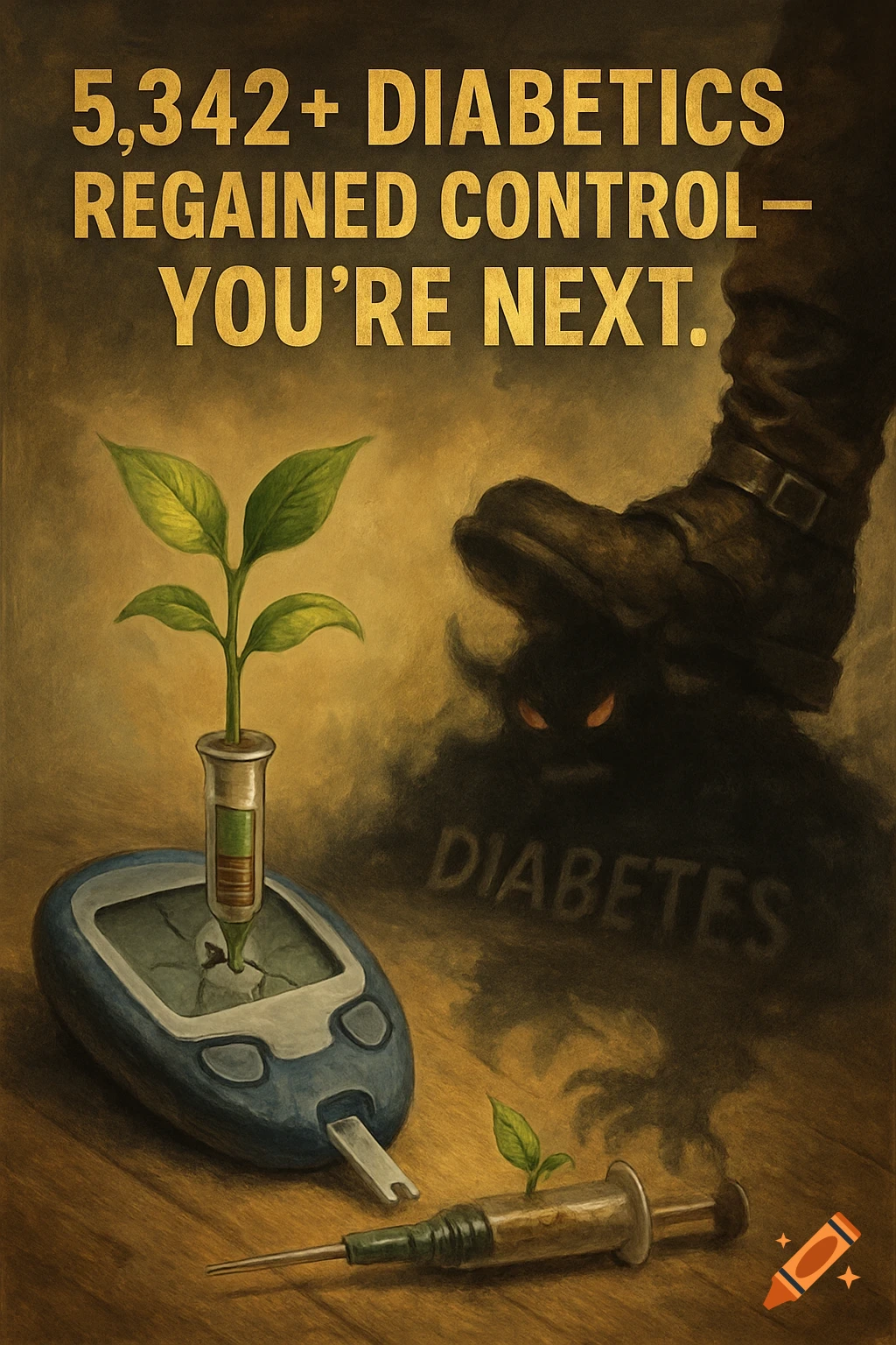 A poster depicts a green plant growing from a syringe and a broken glucose meter, while a boot crushes a shadowy monster labeled "Diabetes." Gold text reads, "5,342+ Diabetics Regained Control—You're Next."