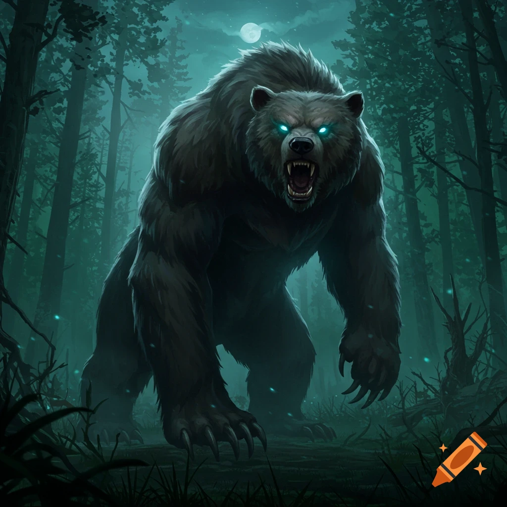 A menacing bear with glowing blue eyes and sharp claws roars in a dark, misty forest under a full moon, in a fantasy art style.