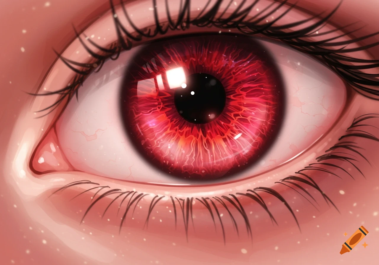 Close-up of a stylized anime eye with a vibrant red iris and black pupil, featuring long eyelashes and reflections.