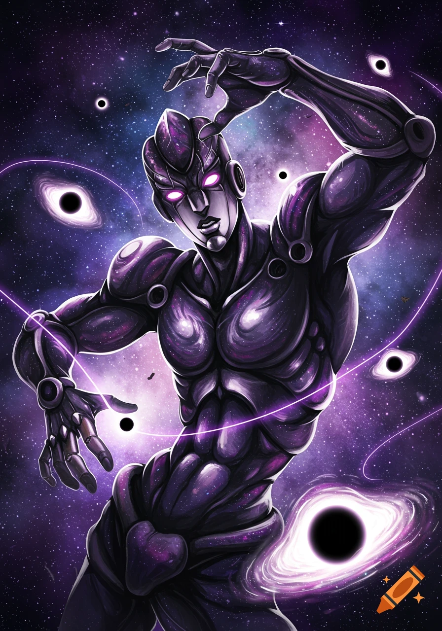 A muscular dark purple and grey humanoid figure with glowing pink eyes poses in a vibrant galaxy, surrounded by black holes and light trails.