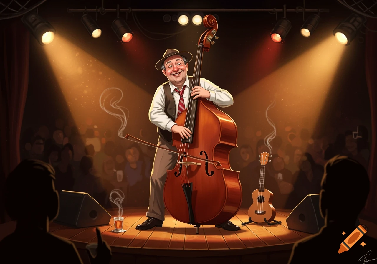 A smiling cartoon man in a hat and vest plays a double bass on a spotlighted stage in a dimly lit club, with a ukulele nearby.