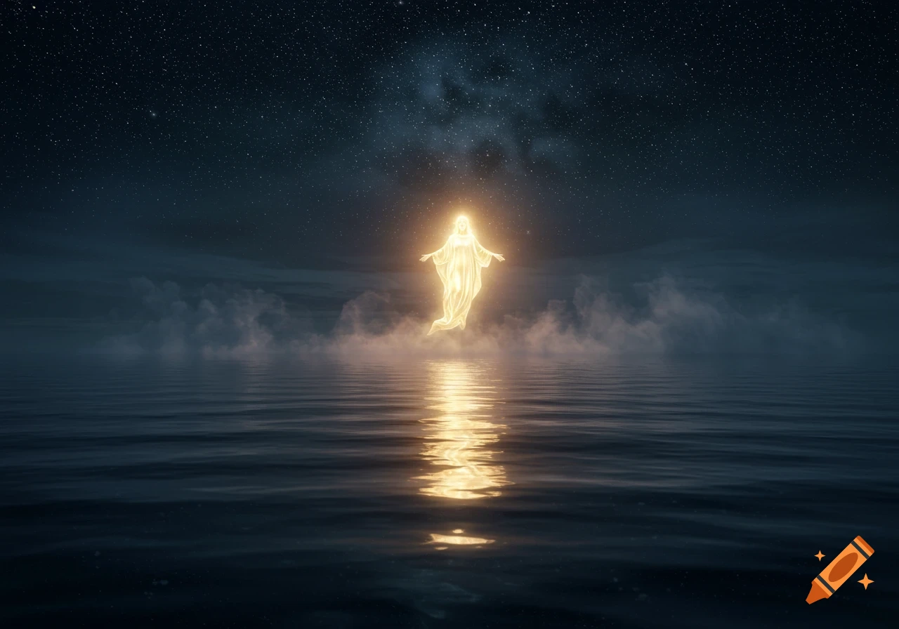 A luminous golden figure floats over dark water with a starry sky, light reflecting on the surface.