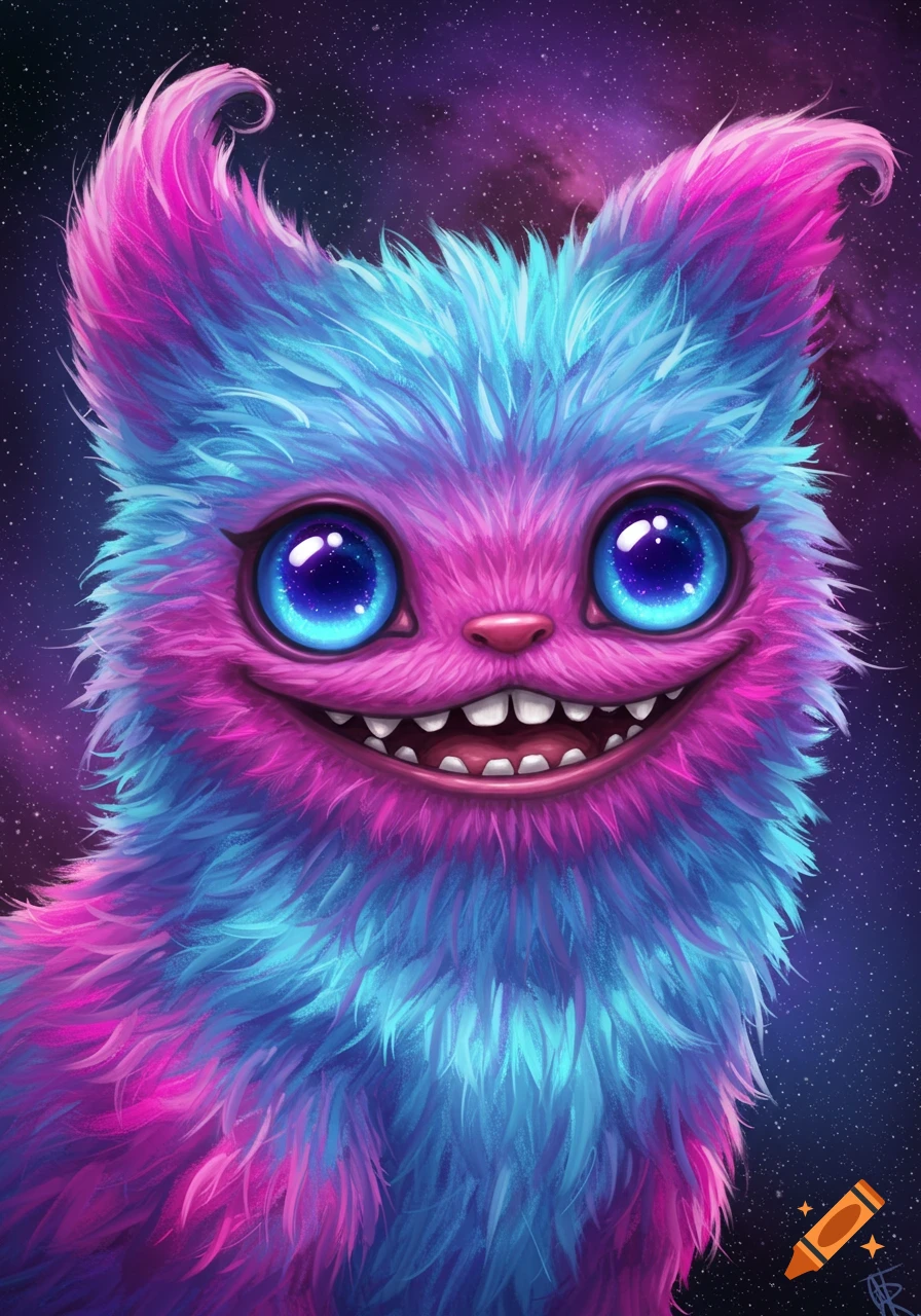 A vibrant pink and blue fluffy monster with large glowing eyes and a wide toothy grin, against a starry purple galaxy. Digital art.