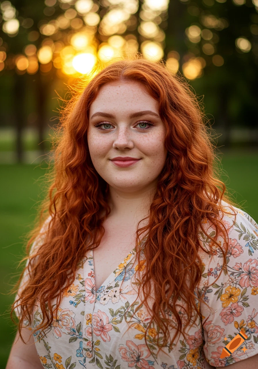 A photorealistic portrait of a young woman with long red curly hair and freckles smiling in an outdoor setting with sunlight and bokeh.