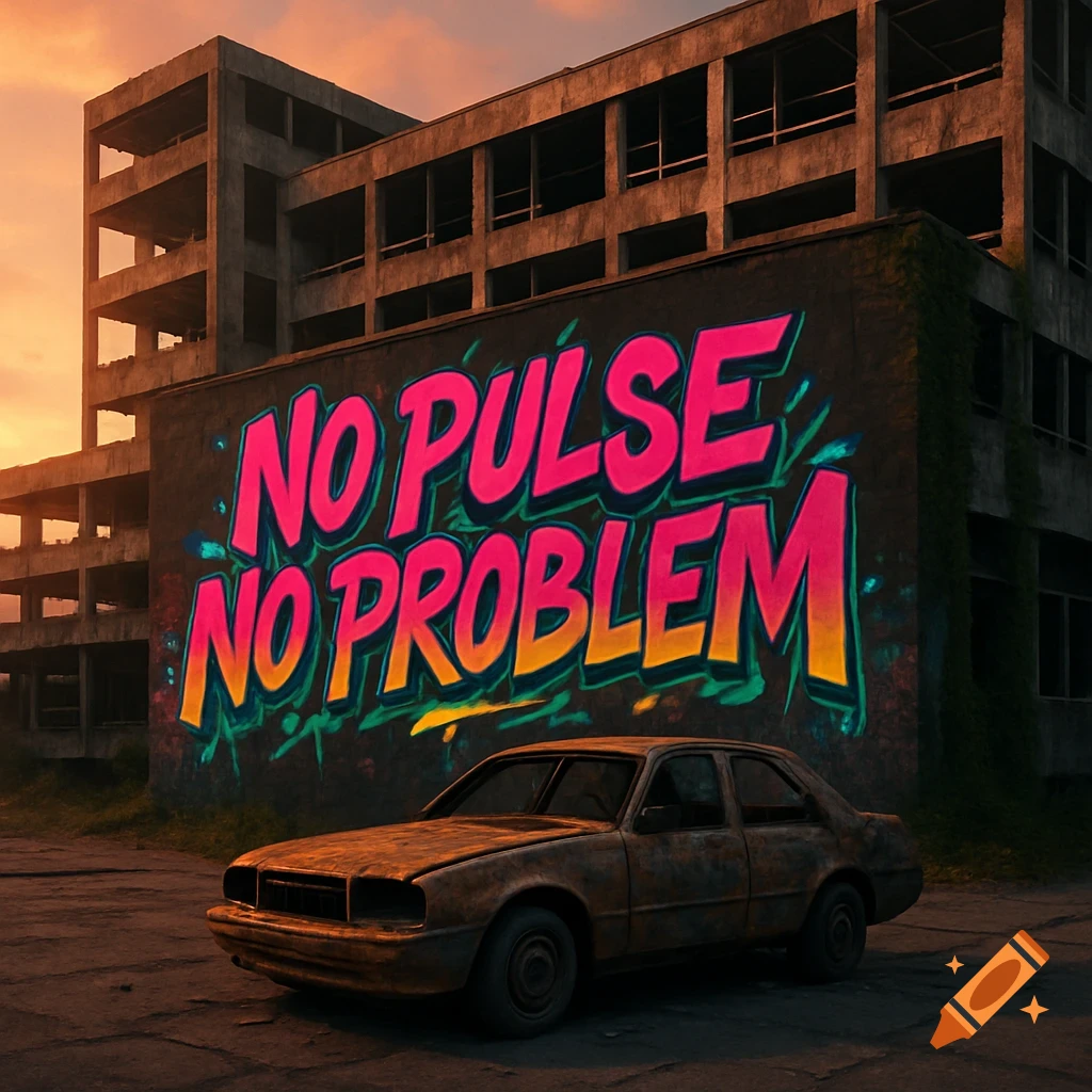 A rusty old car parked in front of an abandoned building with colorful graffiti reading 'NO PULSE NO PROBLEM'.
