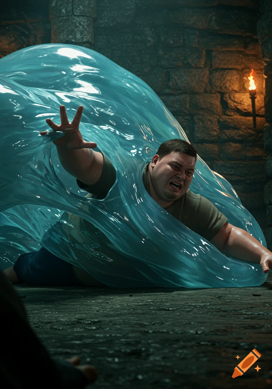 A man struggles against a large, translucent blue slime engulfing his body in a stone dungeon.