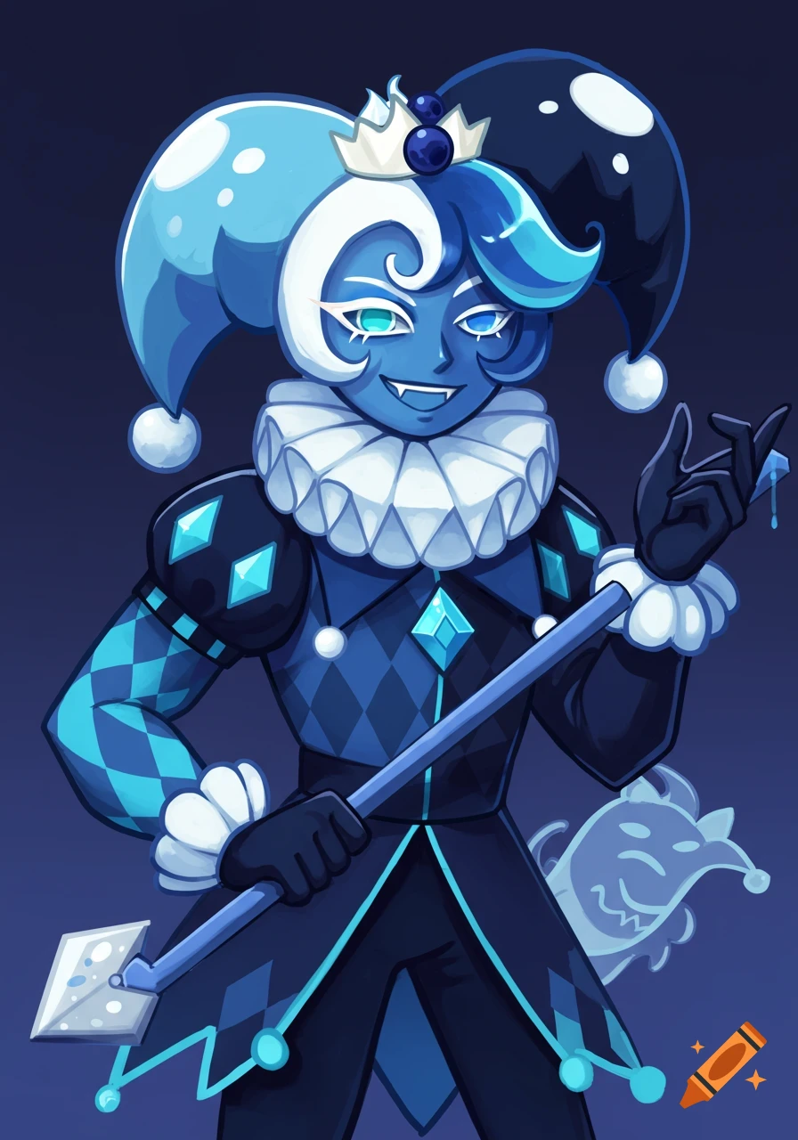 A stylized blue jester character, Shadow Milk Cookie, with a two-toned hat, ruffled collar, and blue diamond-patterned outfit, holding a staff. The character has blue skin, fangs, and mismatched eyes.