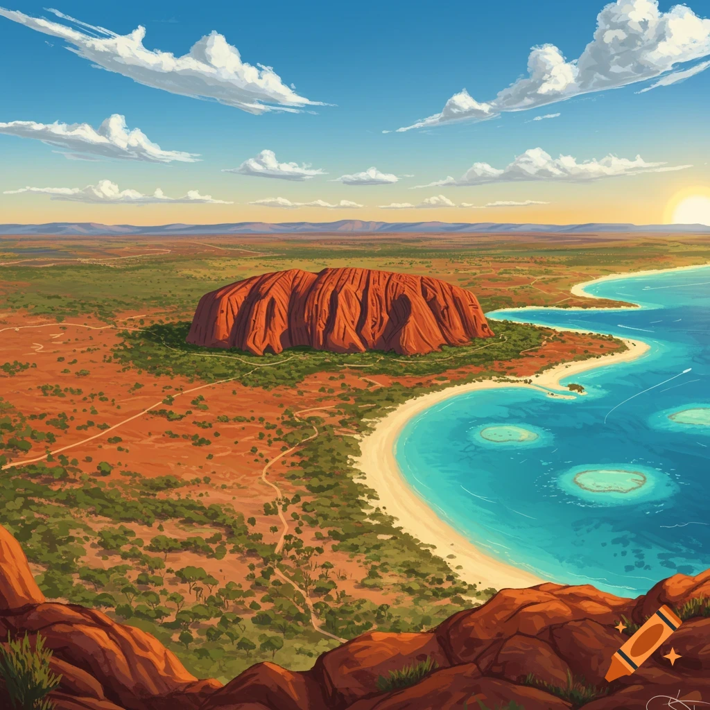 Aerial view of a red rock formation next to a turquoise ocean with a sandy beach under a blue sky.