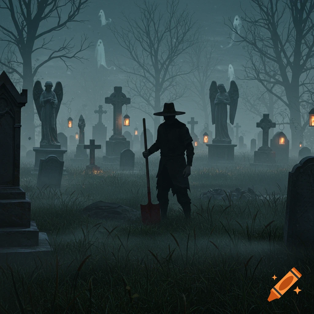 A silhouette of a grave digger holding a shovel in a misty, eerie cemetery with gravestones, lit lanterns, bare trees, and floating ghosts.