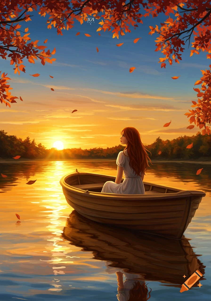 A woman in a rowboat on a lake at sunset, framed by orange autumn leaves, in an artistic illustration style.