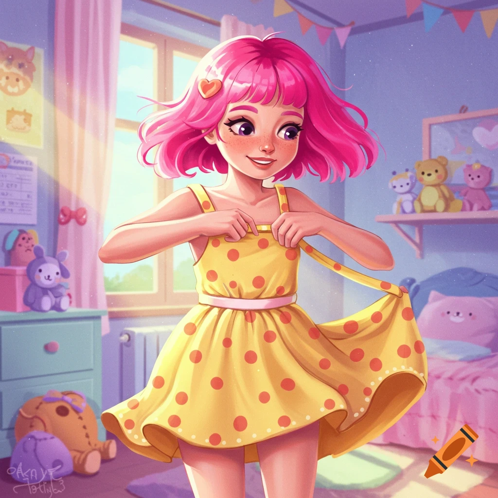 A smiling young girl with bright pink hair in a yellow polka dot dress adjusts her strap in a pastel cartoon bedroom.