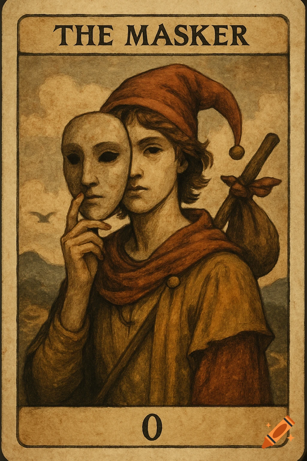 Tarot card 'THE MASKER' featuring an androgynous figure holding a Venetian mask, with the number 0 below. Illustrated.