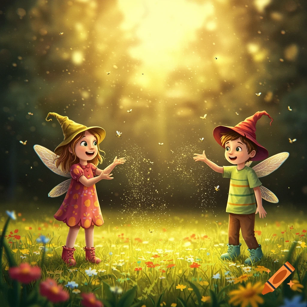 Two smiling fairy children in pointy hats and wings stand in a sun-dappled, flower-filled forest, catching golden fairy dust.