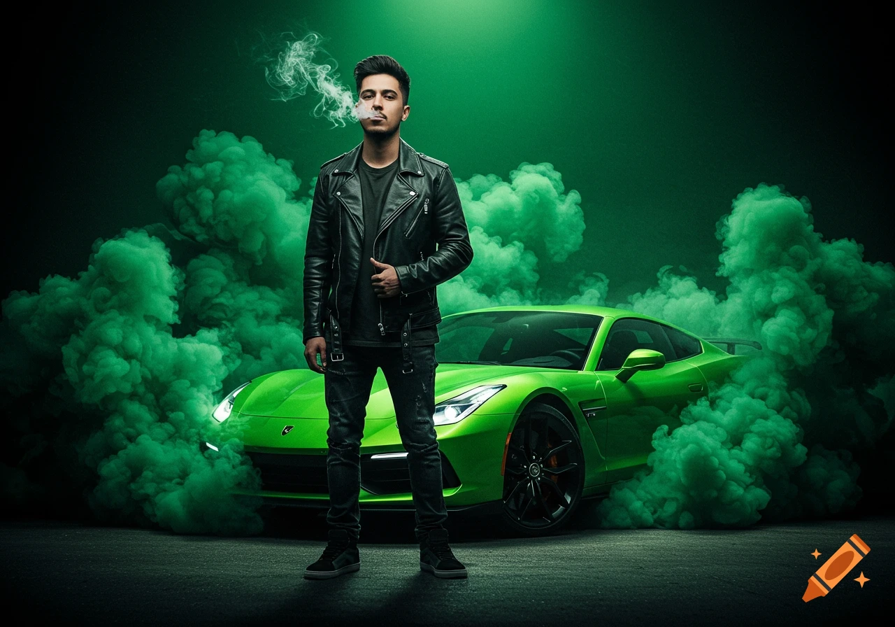 A man in a leather jacket smokes while standing in front of a green sports car surrounded by green smoke against a dark green background.
