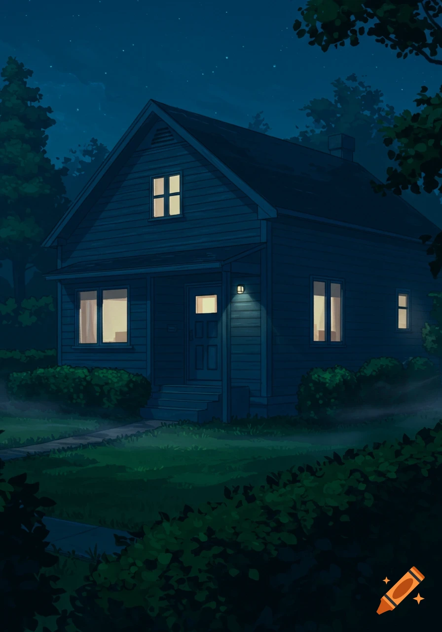 A dark blue suburban house at night with illuminated windows and a porch light, surrounded by trees and bushes.