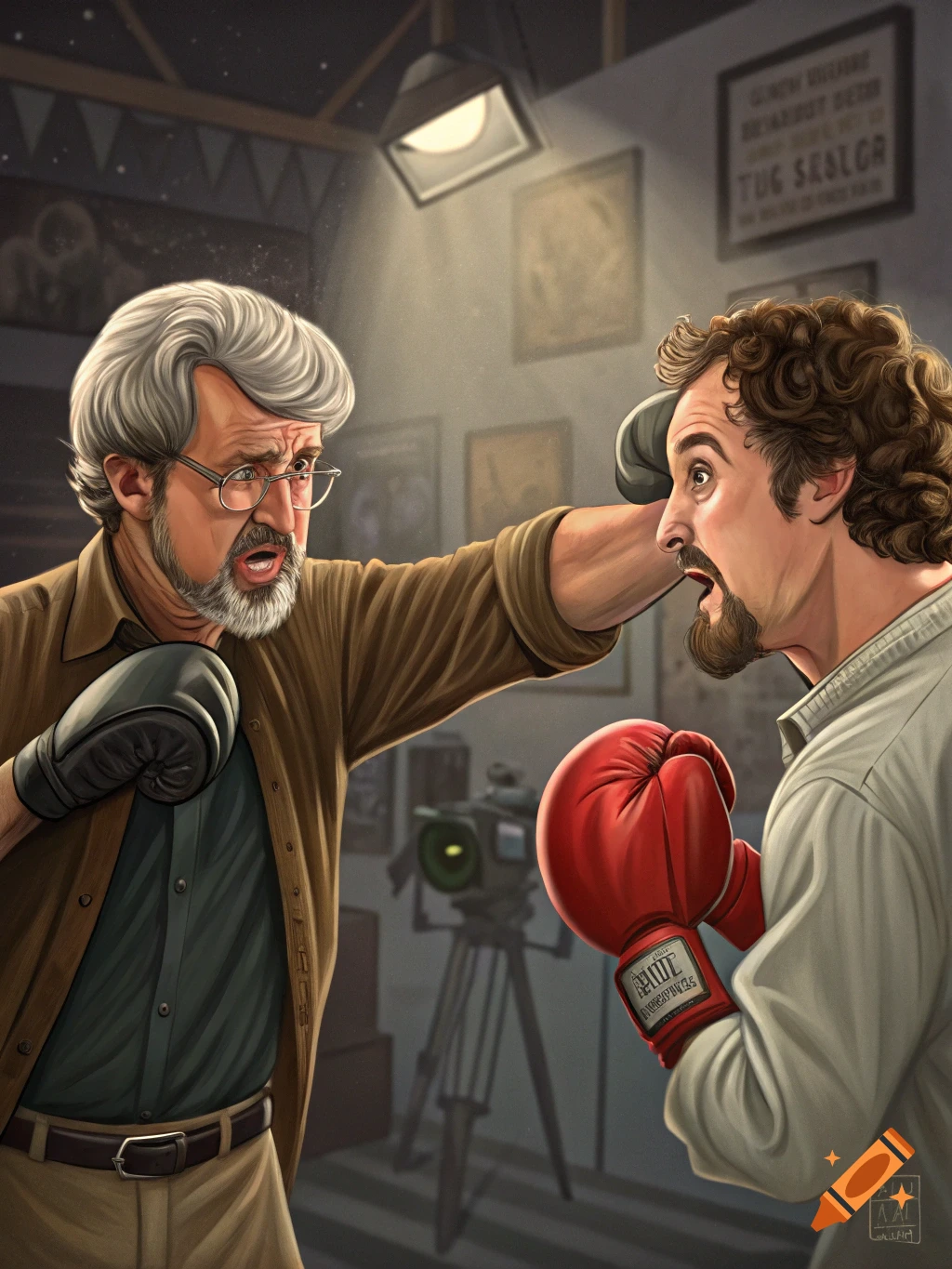 Caricature of George Lucas in black boxing gloves punching Doug Walker in red gloves, in a studio with a camera.