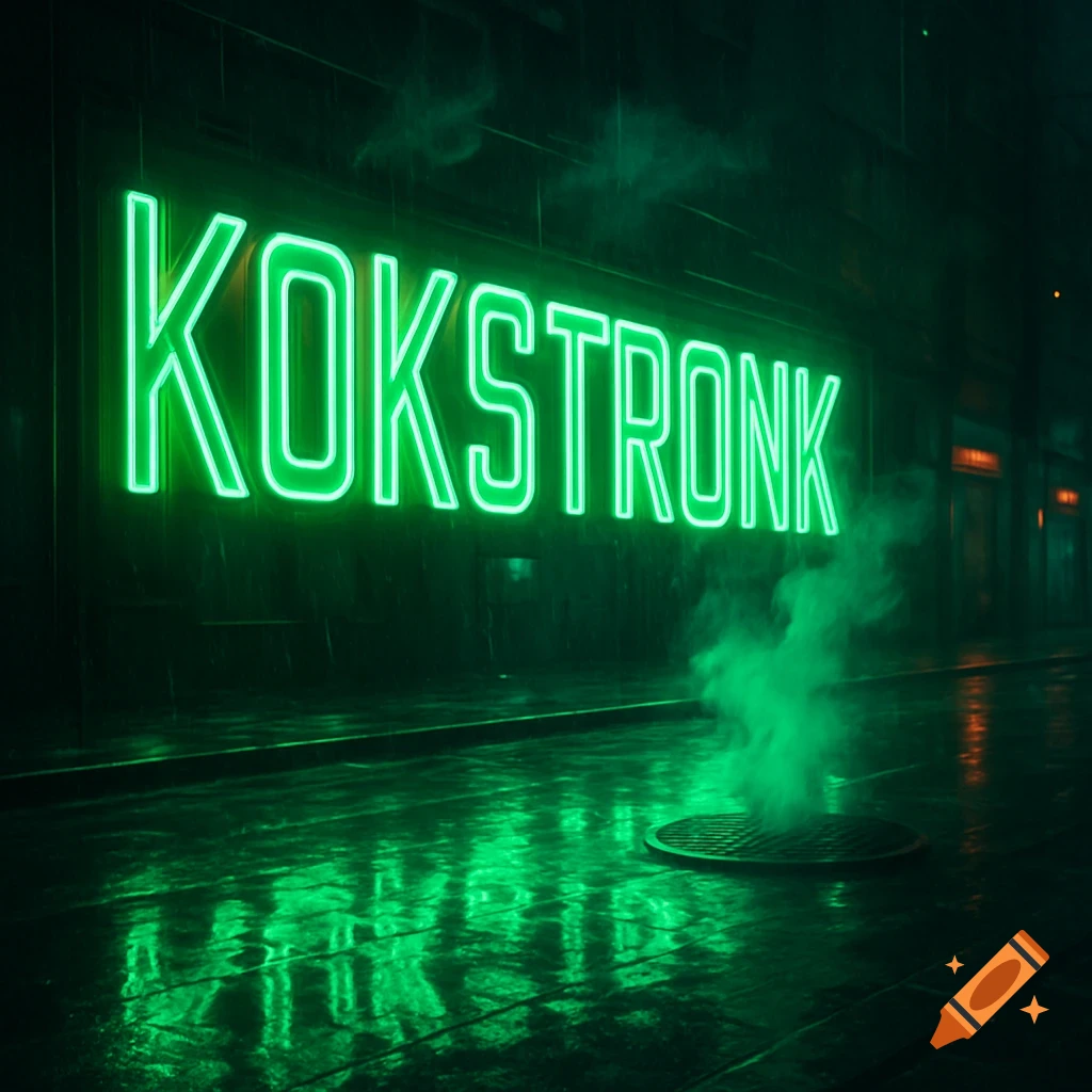 A green neon sign reading KOKSTRONK illuminates a dark, wet urban street with steam rising from a manhole.