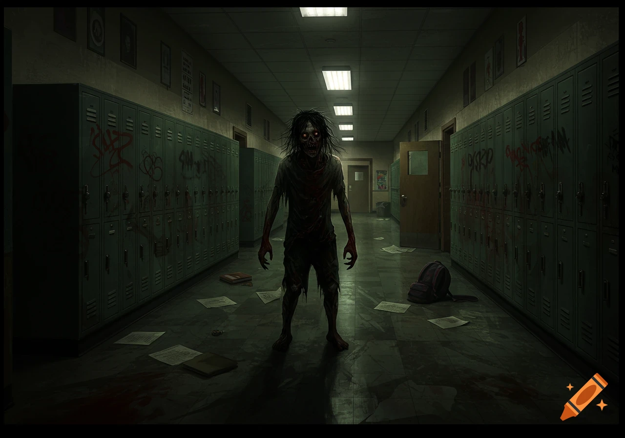 A terrifying zombie with glowing red eyes stands in a dark, graffiti-covered school hallway, with scattered papers and a backpack on the floor.