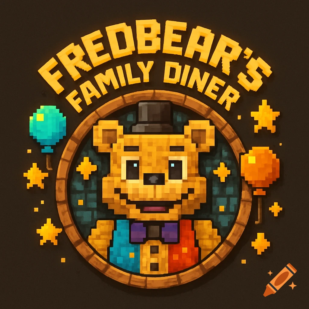 Pixel art logo for Fredbear's Family Diner featuring a smiling brown bear in a top hat and bowtie within a wooden ring, with balloons and stars.