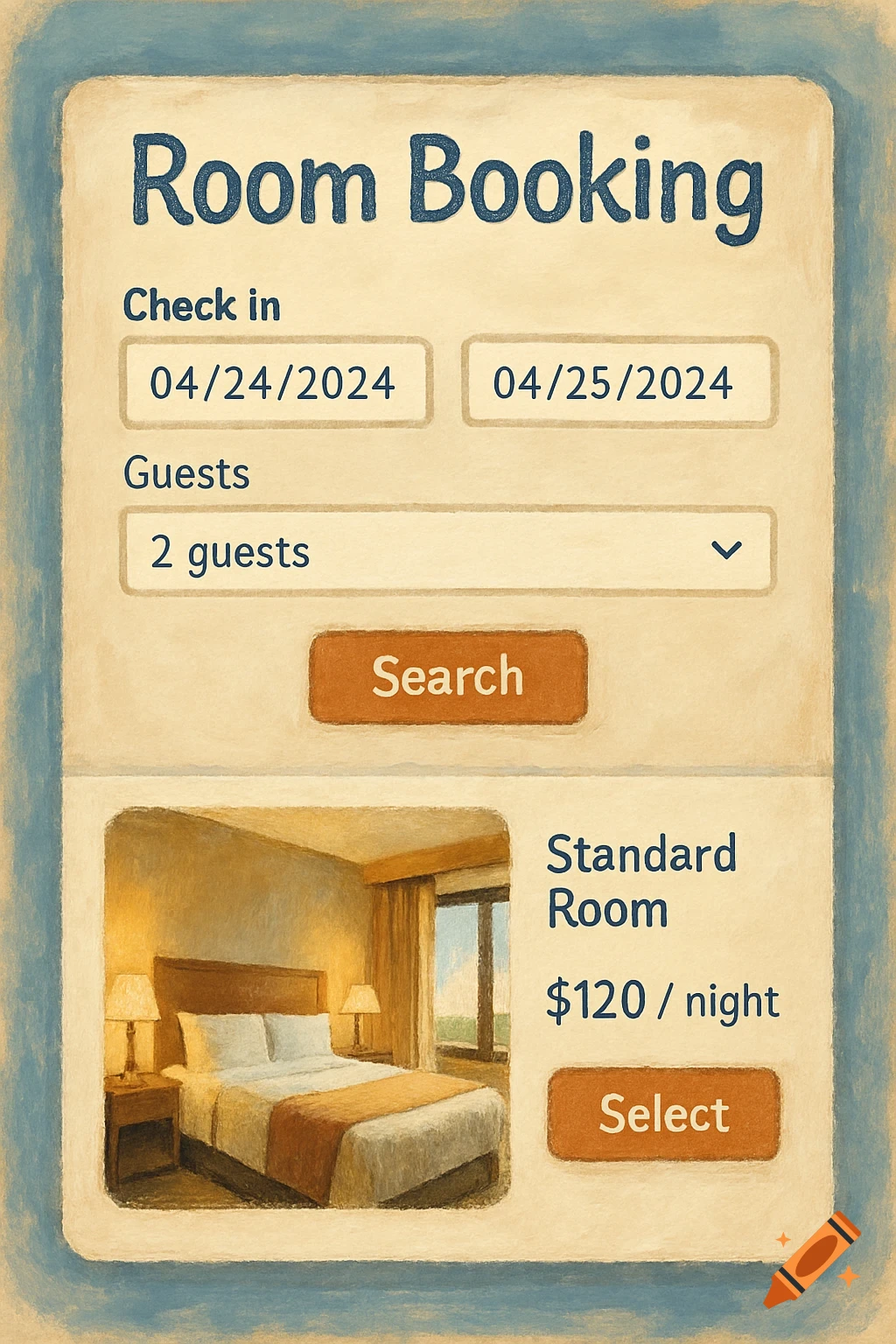 Digital illustration of a hotel room booking interface with check-in/out dates, guest count, and a standard room listing with a price.