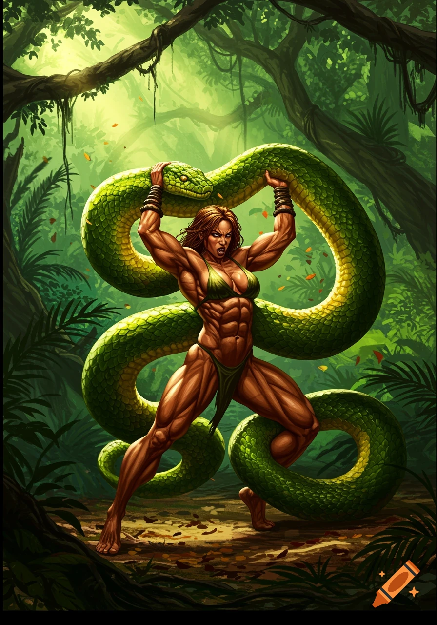 A muscular woman in a jungle battles a large green snake in a comic art style.