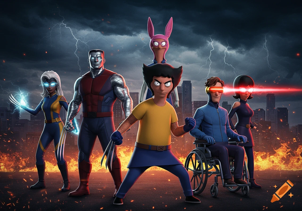 Bob's Burgers characters as X-Men superheroes in a stormy, burning city: Louise as Wolverine, Bob as Professor X, Gene as Colossus, Linda as Storm, and Tina as Cyclops.
