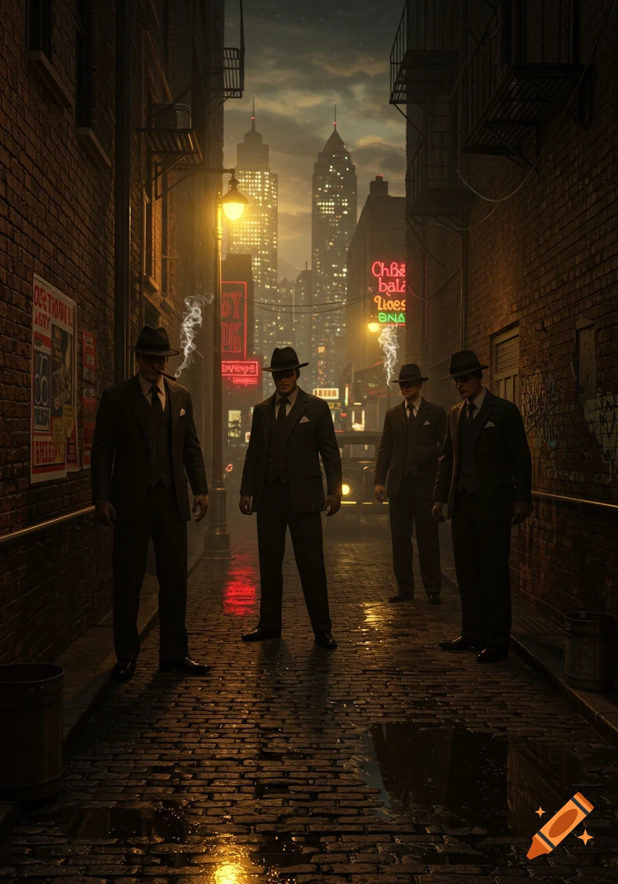 Four men in suits and fedora hats stand in a dark, wet alleyway at night, with neon signs and city lights in the background, in a photorealistic style.