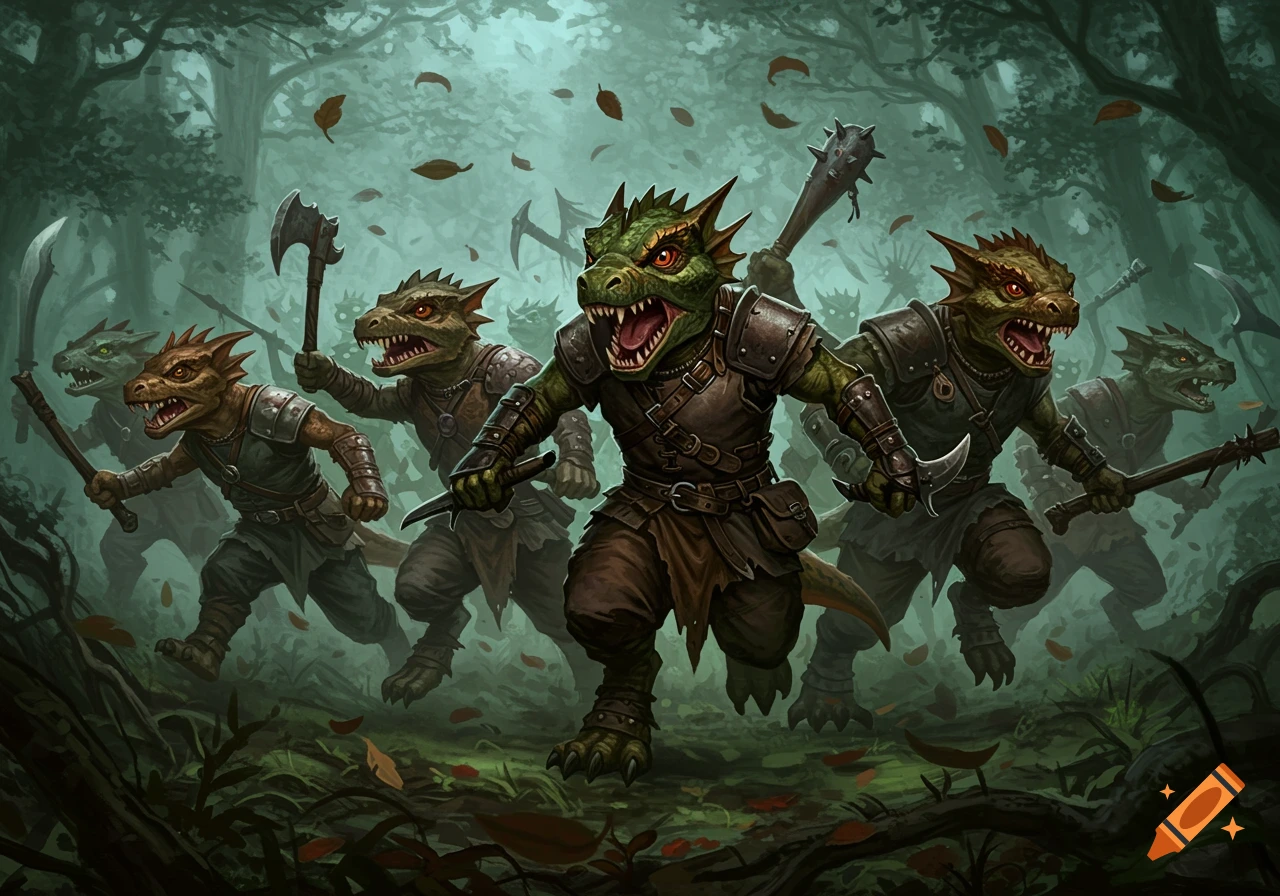 A gang of armed kobolds in fantasy armor charging through a misty forest.