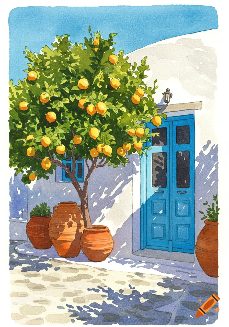 Watercolor painting of a Greek house with a blue door, a lemon tree, and terracotta pots in bright sunlight.
