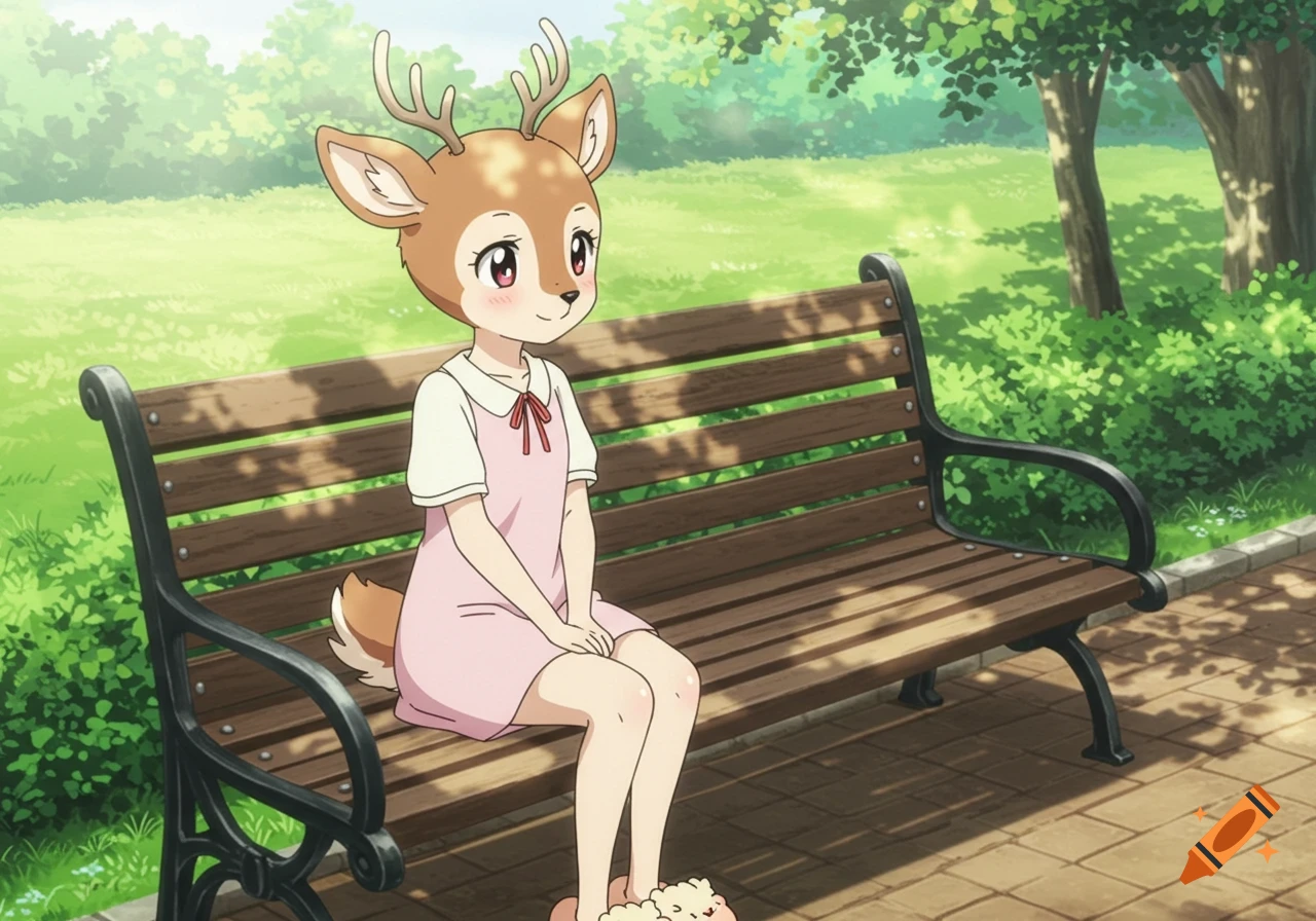 An anthropomorphic deer girl with antlers sits on a wooden park bench in a sunny, green park, drawn in anime style.