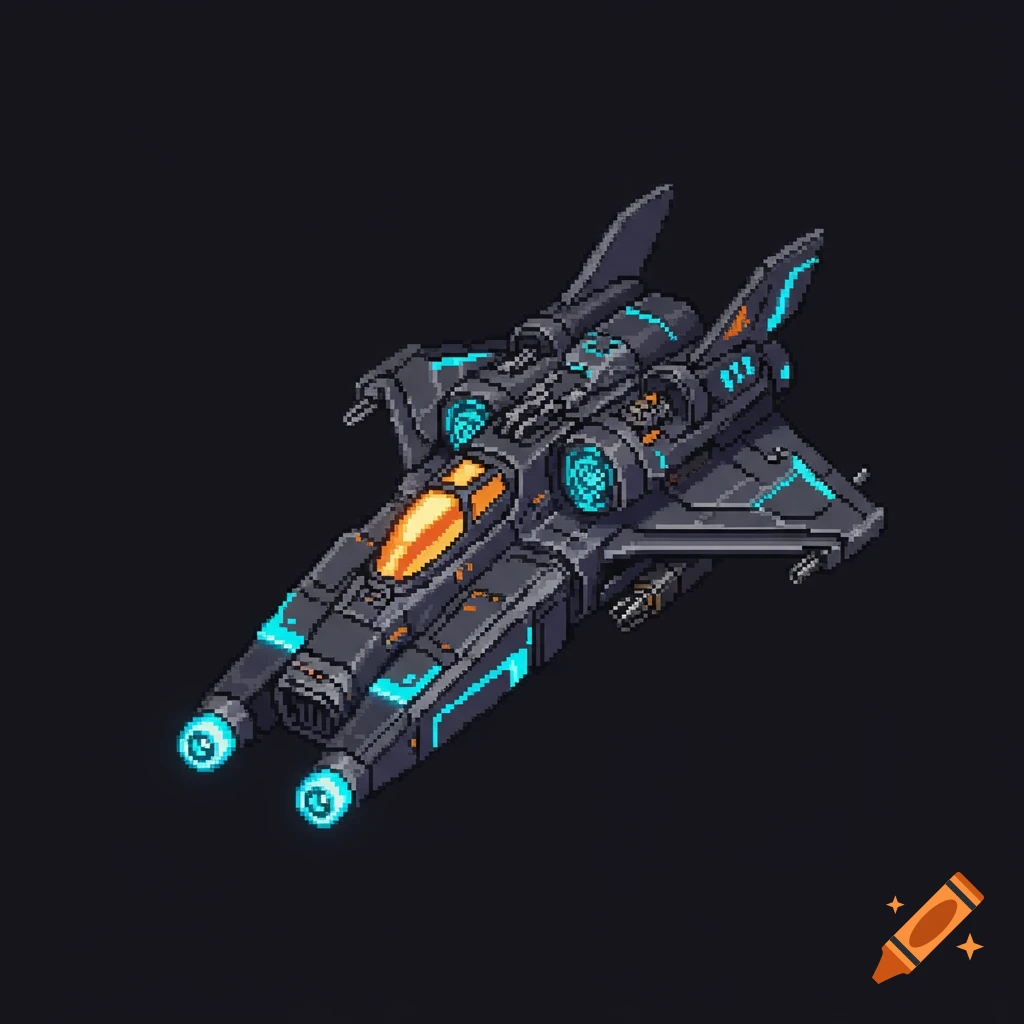 A detailed pixel art sprite of a futuristic dark gray space fighter with glowing blue and orange details, viewed from above.