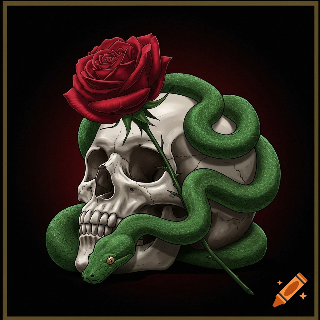 A stylized illustration of a white human skull with a vibrant red rose on top and a green snake coiled around it on a dark background.