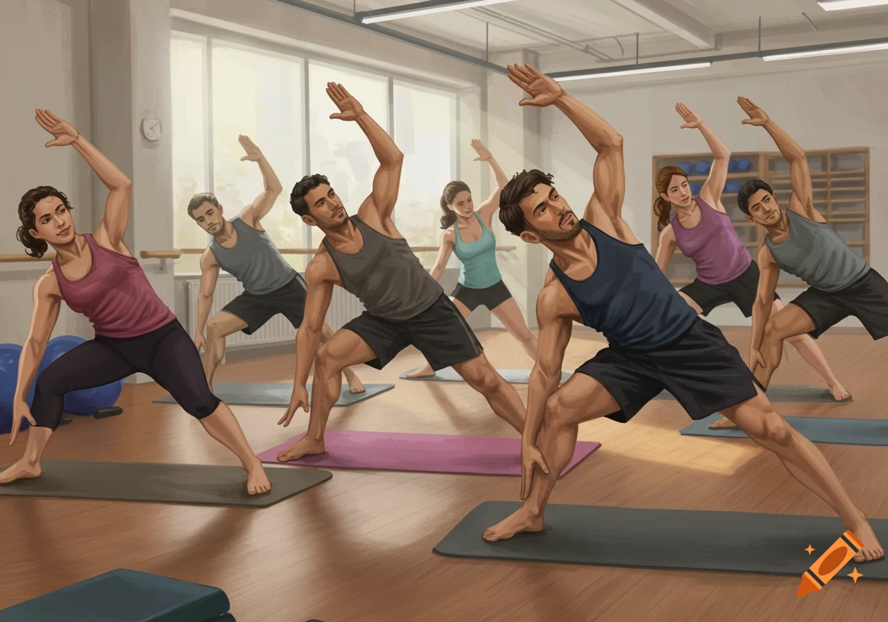 An illustration of a diverse group of men and women practicing a yoga pose in a bright fitness studio.