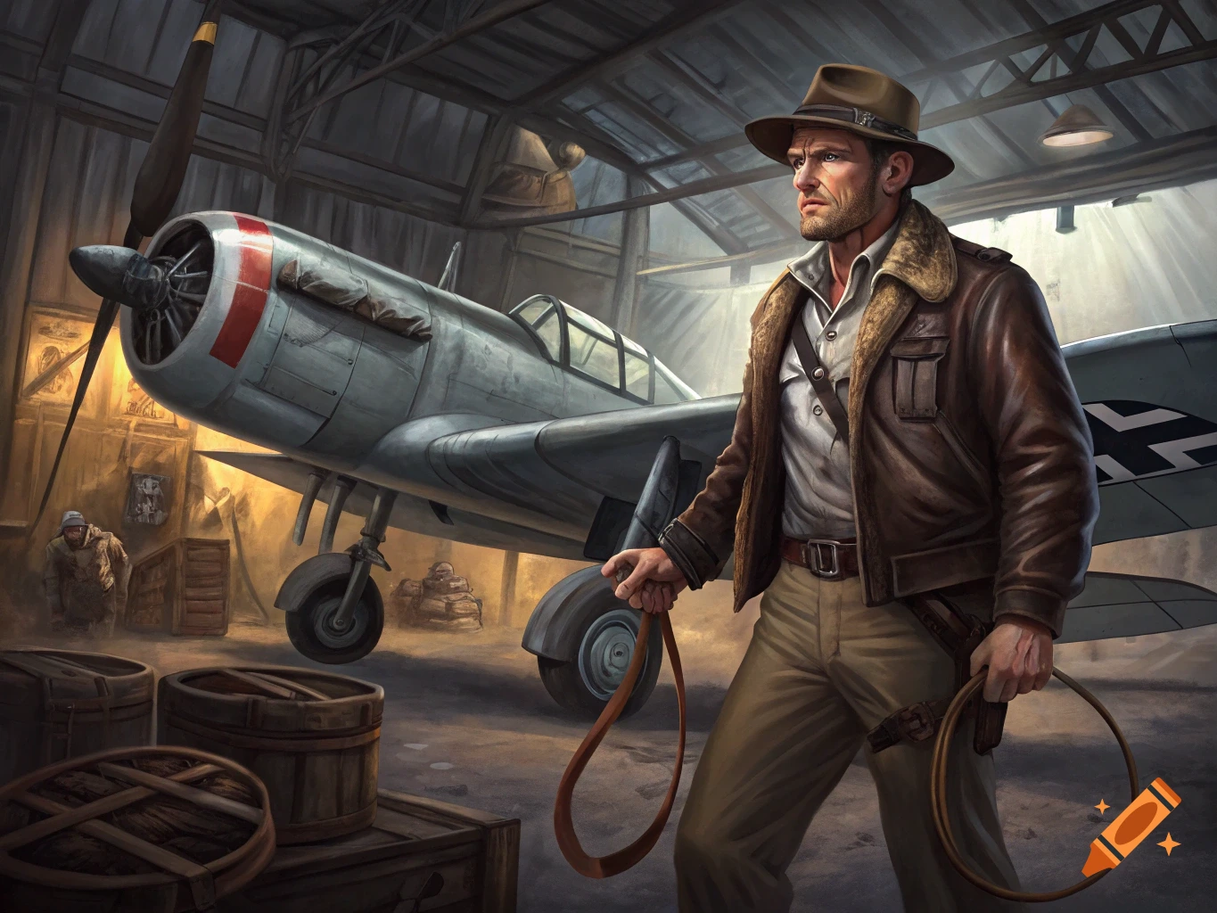 Indiana Jones in a brown leather jacket and hat, holding a whip, stands in a dimly lit hangar next to a vintage Focke-Wulf Fw 190 fighter plane.