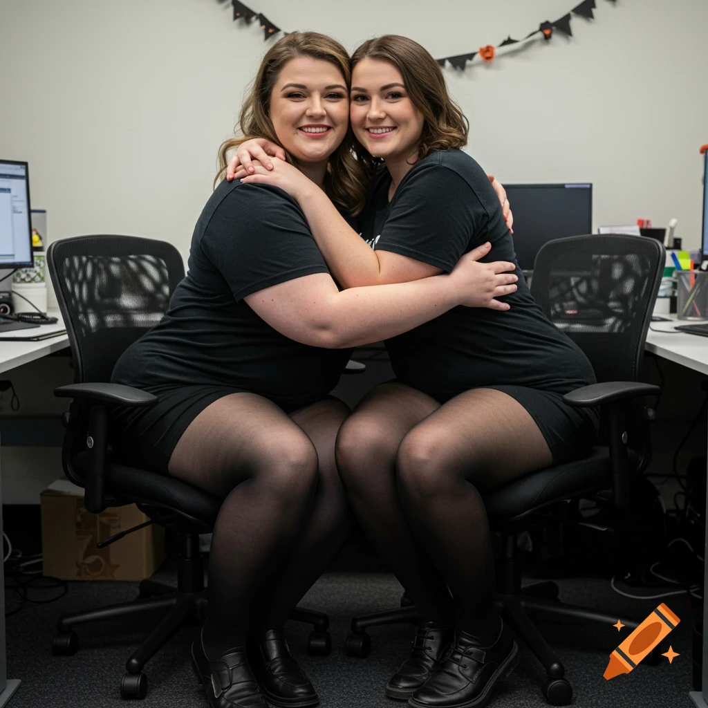 Two smiling women in black shirts and tights hug tightly while sitting in an office with Halloween decorations.