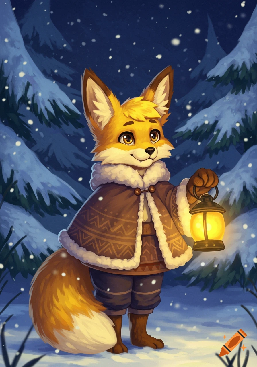A cute anthropomorphic fox character in a snowy forest at night, wearing a winter coat and holding a glowing lantern.