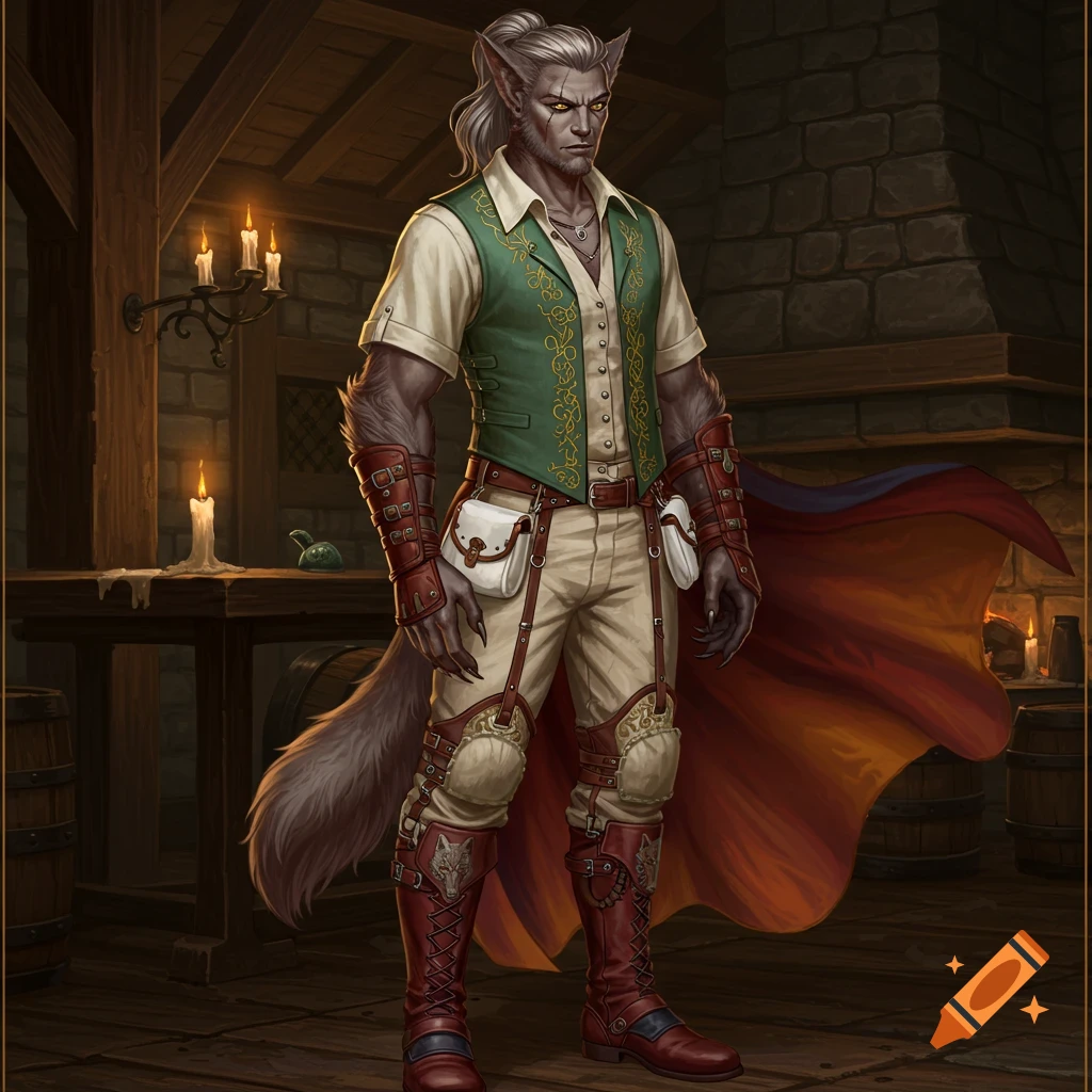 A detailed full-body portrait of a werewolf man with grey fur and long white hair, wearing a green vest, tan pants, and red boots, standing in a dim tavern with barrels and lit candles.