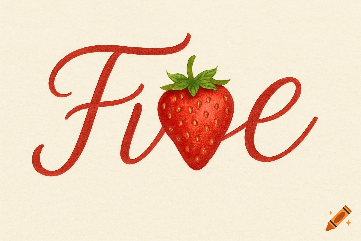Cursive red text spelling 'Five' with a strawberry replacing the 'v' on a light cream background.