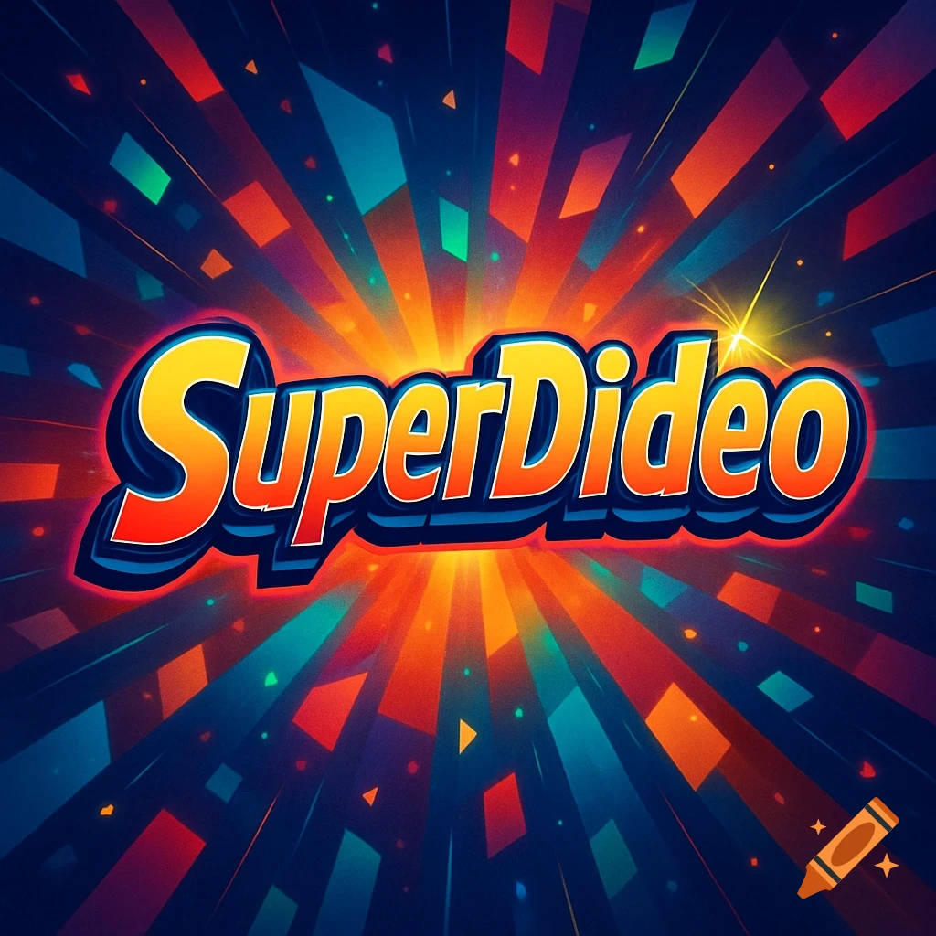 Stylized orange and yellow text 'SuperDideo' with a blue outline, set against a vibrant background of colorful light rays and confetti.