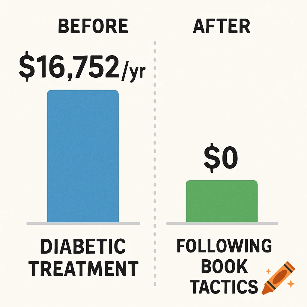 Infographic showing a bar chart with 'BEFORE' $16,752/yr for 'DIABETIC TREATMENT' and 'AFTER' $0 for 'FOLLOWING BOOK TACTICS'.