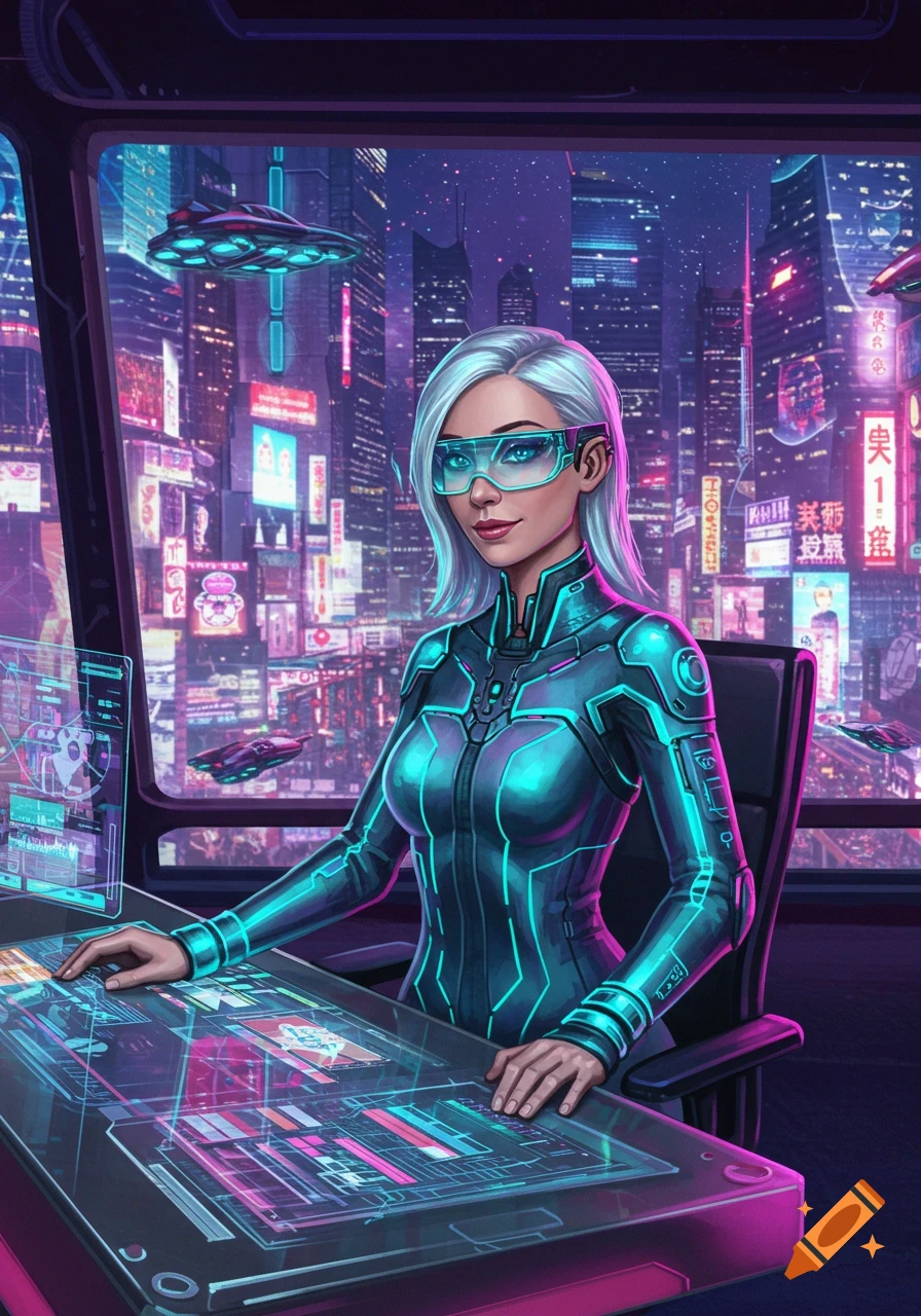 A woman in a neon blue and black cyberpunk suit and goggles sits at a glowing holographic console, overlooking a futuristic city at night.