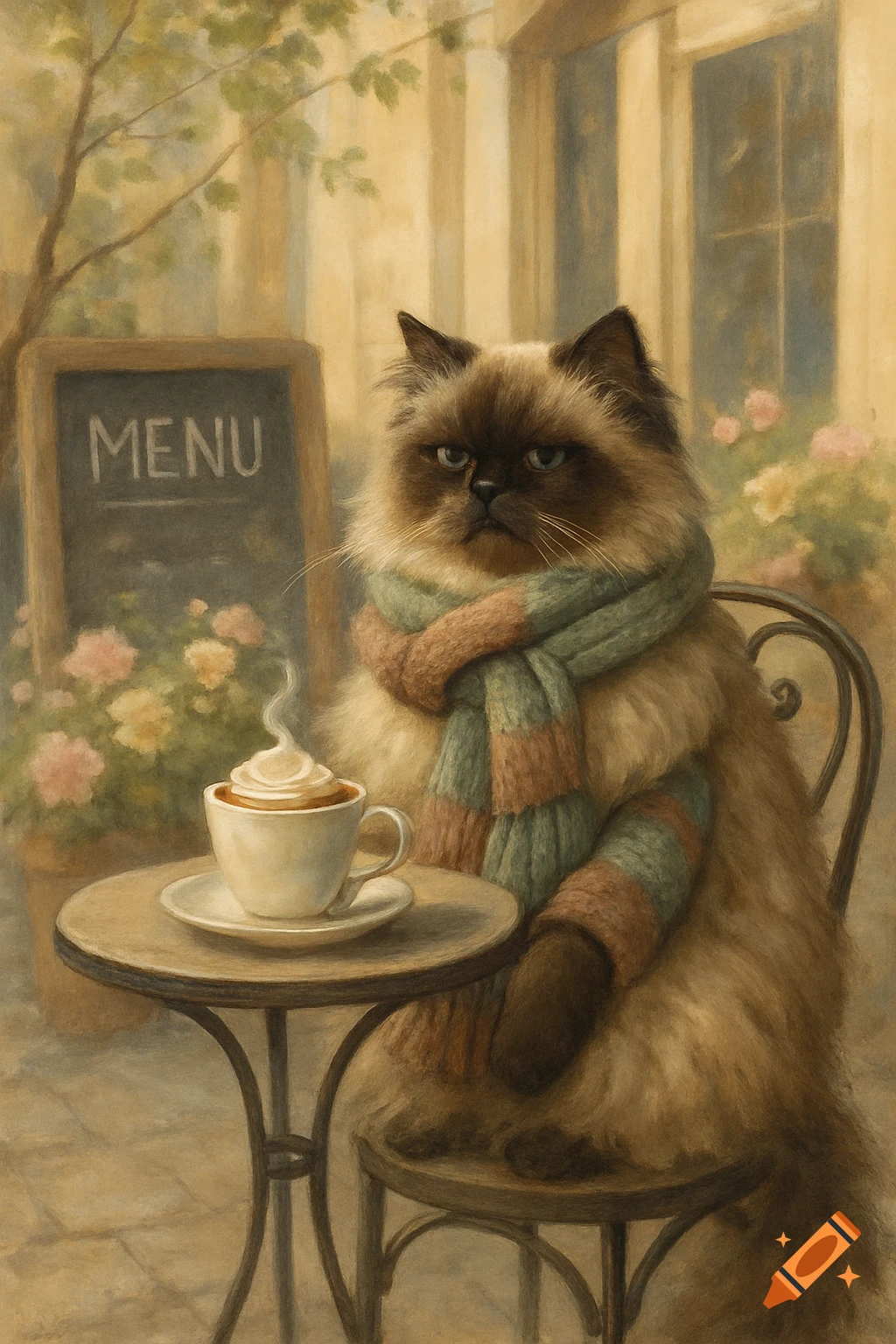 Painting of a fluffy Himalayan cat in a scarf sitting at a cafe table with a hot drink, a menu board nearby.