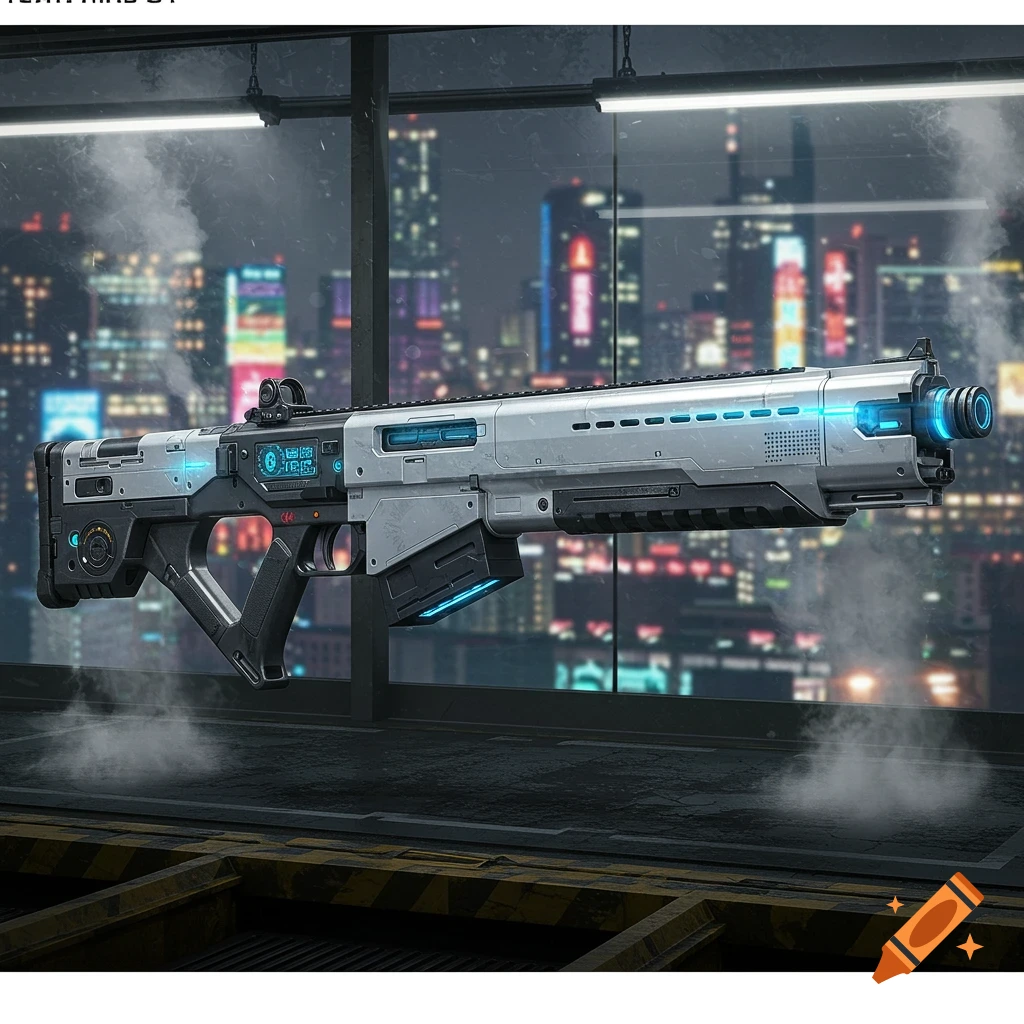 A sleek futuristic sci-fi rifle with blue glowing accents, in front of a blurred night cityscape.