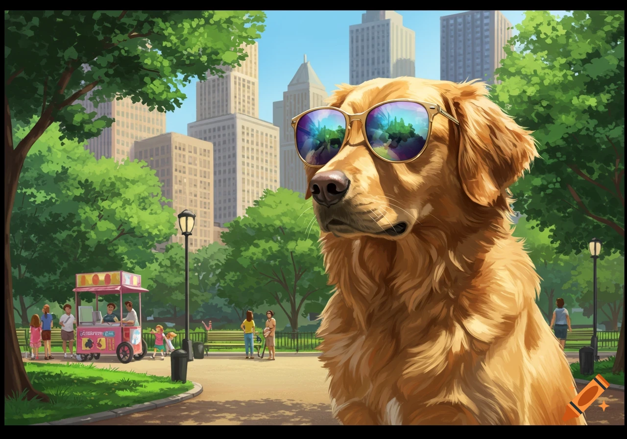 An illustrated golden retriever wearing sunglasses stands in a sunny city park with an ice cream cart and buildings in the background.