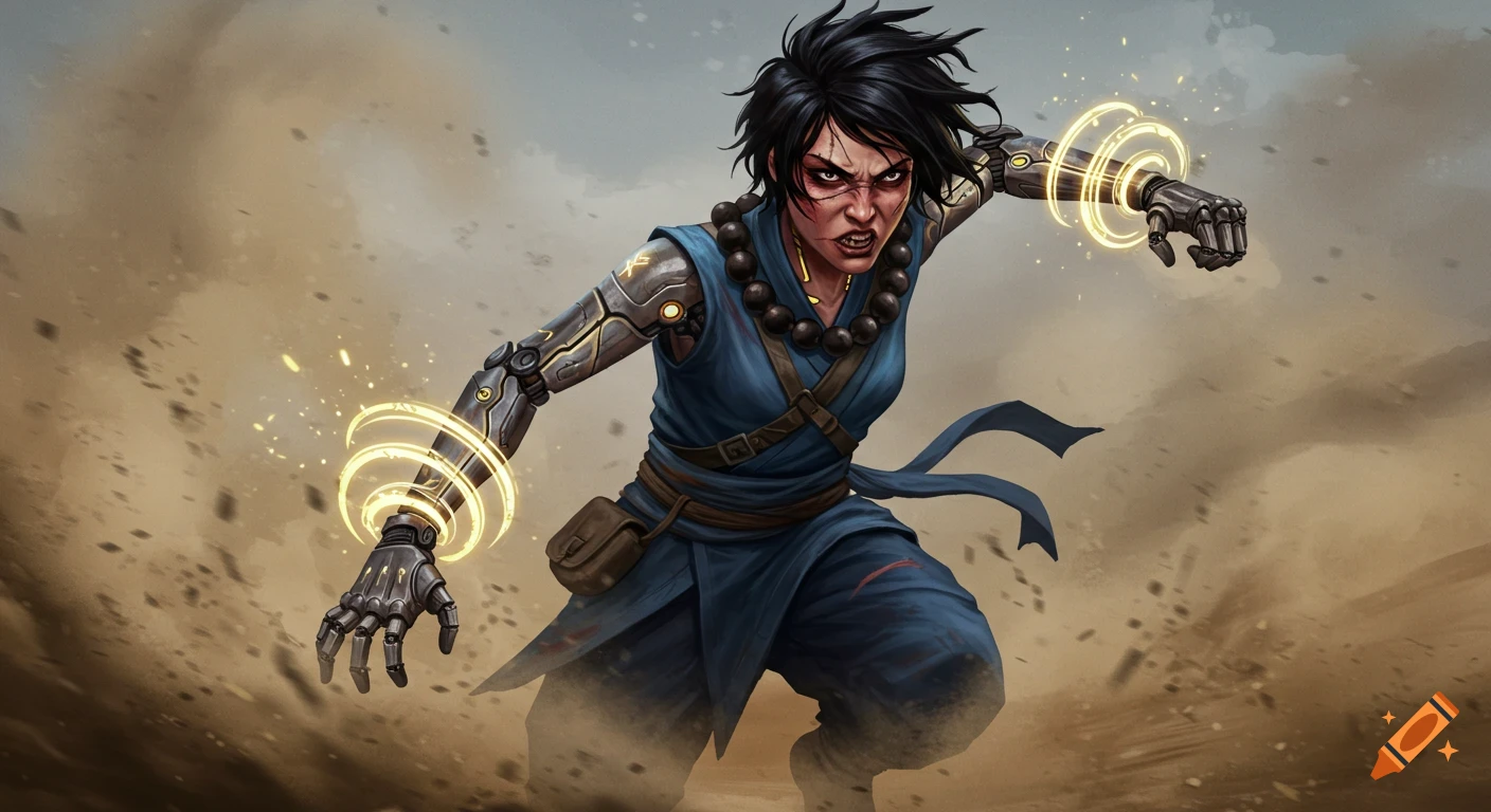An angry, cybernetically enhanced monk with glowing mechanical arms and battle scars lunges forward, against a dusty, windswept background.