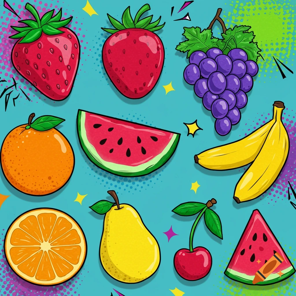 Colorful pop art fruits including strawberries, bananas, grapes, watermelon, orange, and cherry, with bold outlines on a blue background.