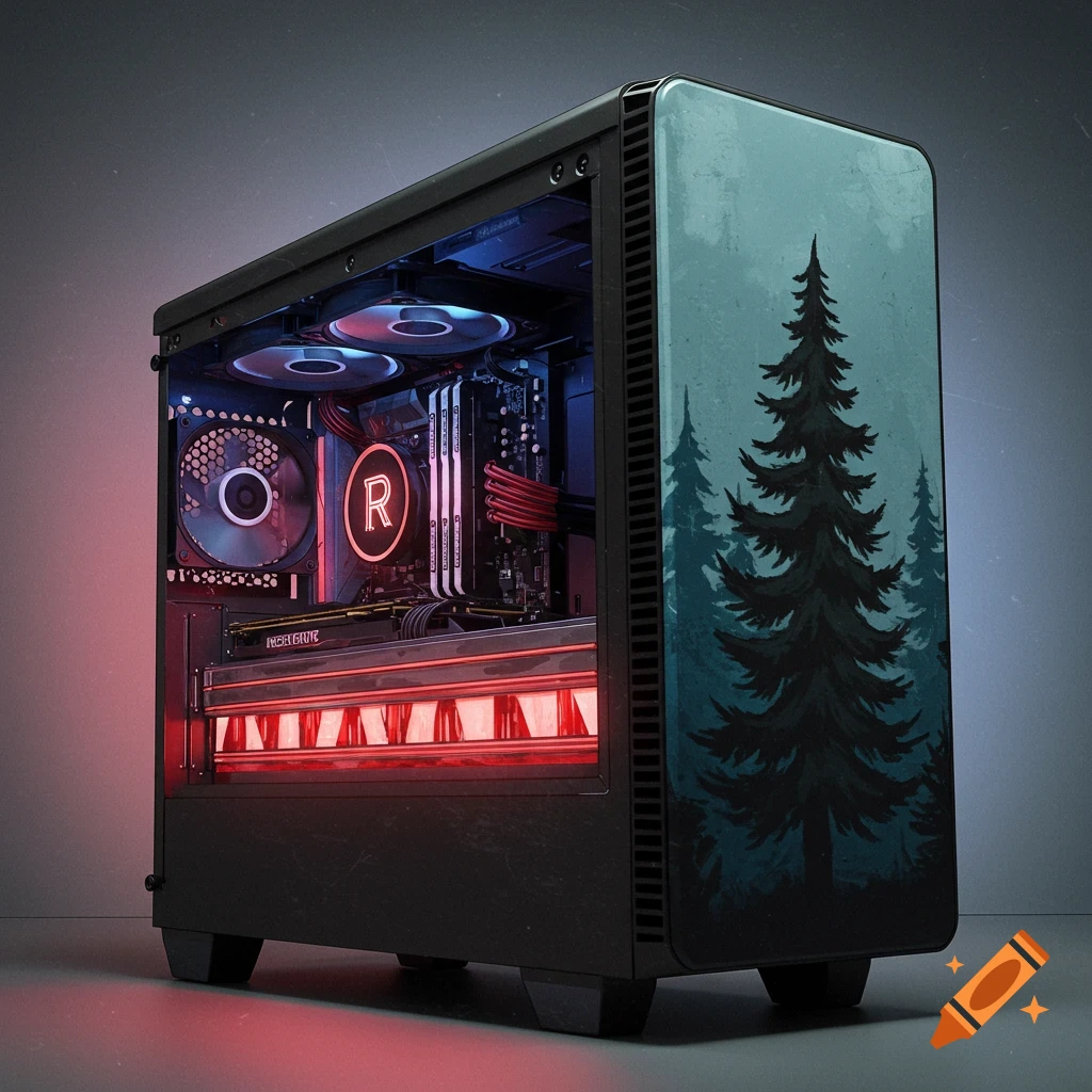 A custom black PC case featuring a dark forest design on the front panel, with red and blue internal lighting illuminating the components.