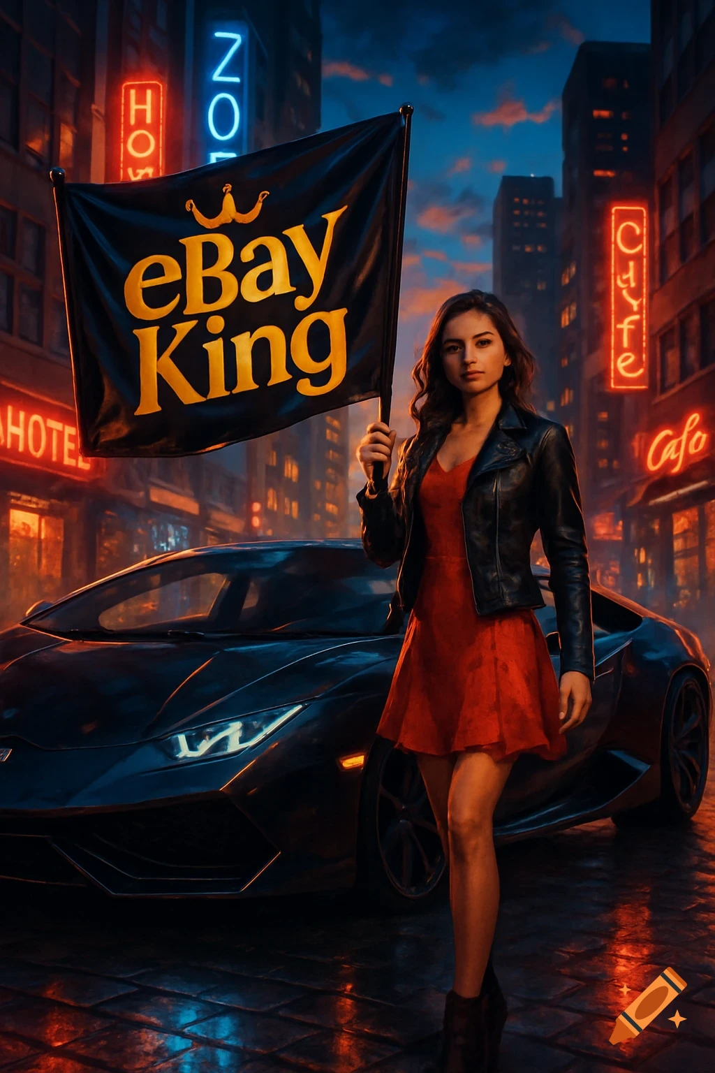 A woman in a red dress and leather jacket holds a flag that says 'eBay King' next to a black Lamborghini on a neon-lit city street at night.